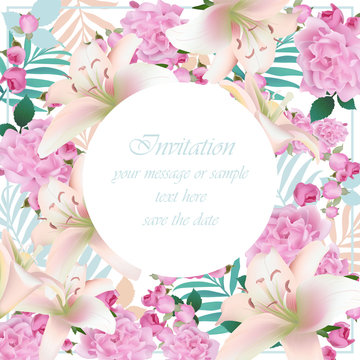 Summer delicate flowers card frame. Spring Season delicate watercolor flowers Wedding Invitation. Place for text. Vector illustration