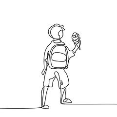 Boy with ice-cream going back to school with bag. Continuous line drawing. Vector illustration on white background