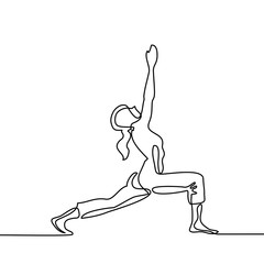 Continuous line drawing. Woman doing exercise in yoga pose. Vector Illustration