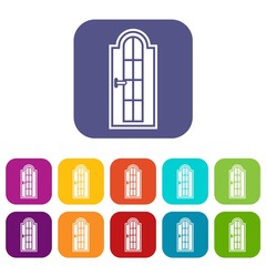 Arched wooden door with glass icons set