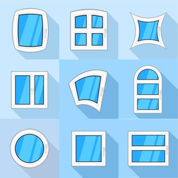 Types of casement icons set, flat style