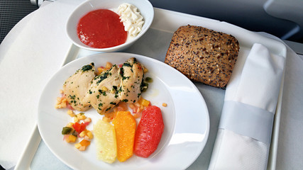 Lunch in the business class on board the aircraft