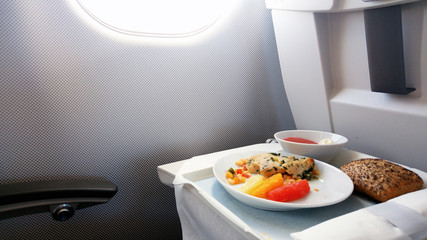 Lunch in the business class on board the aircraft