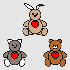Set of of Bear, Rabbit and Cat. Vector illustration in flat style