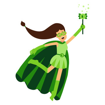 Ecological superhero woman in green costume and long brown hair holding magic wand, eco concept vector Illustration