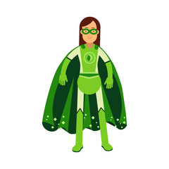 Ecological superhero woman in green costume and cape, eco concept vector Illustration