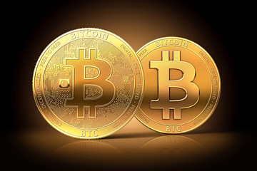 Two different golden bitcoins as possible split of bitcoin cryptocurrency into two currencies. Bitcoin fork concept.