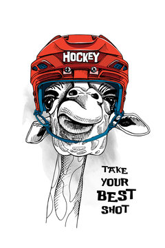 Giraffe in a red Ice Hockey Helmet. Vector illustration.