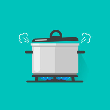 Pan with steam on gas stove fire cooking some boiling food vector illustration isolated, flat cartoon saucepan on kitchen stove