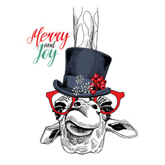 Naklejka premium Christmas card. Giraffe in a Snowman top hat with holly and in a red glasses. Vector illustration.