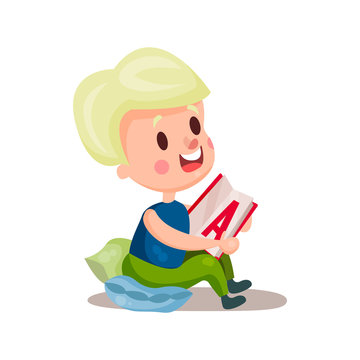 Sweet blonde girl sitting in a pillow and reading a book, education and knowledge concept, colorful character vector Illustration