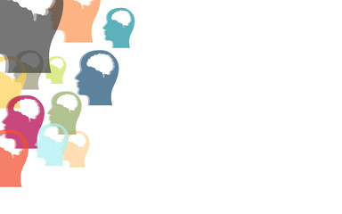 Hintergrund aus bunten Köpfen mit Gehirnen