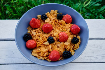 Corn flakes on a strawberry and blackberry on a plate.