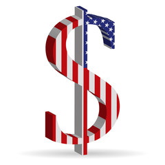 Объемный знак Американского доллара раскрашенный в цвета Американского флага. Векторная иллюстрация.
