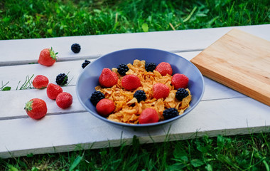 Corn flakes on a strawberry and blackberry on a plate.