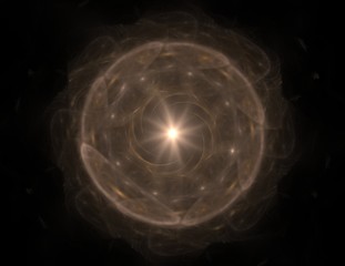 Particles of abstract fractal forms on the subject of nuclear physics science and graphic design. Geometry sacred futuristic