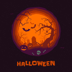 Halloween vector greeting card pumpkin tombstone graveyard