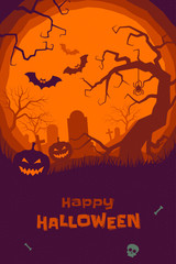 Happy Halloween vector greeting card pumpkin tombstone graveyard