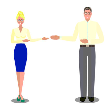 Flat vector isolated illustration business people, male and famel on white background near board with graph, with pointer