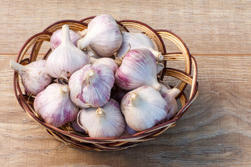 Ripe garlic in a wicker basket on wooden board