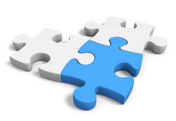 Three connected jigsaw puzzle pieces on a white background, 3D rendering - obrazy, fototapety, plakaty