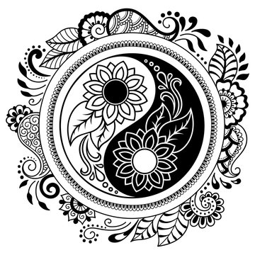 recommend clip art: Circular pattern in the form of a mandala.  Yin-yang decorative symbol. Mehndi style. Decorative pattern in oriental style. Coloring book page.