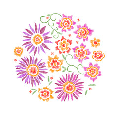 Set of floral pattern with fantasy flowers isolated. Line art. Vector illustration hand drawn. Embroidery design elements - flowers, leaves.