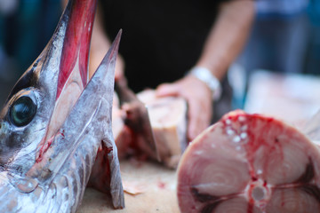 The head of delicacy marlin against the background of a fish dealer