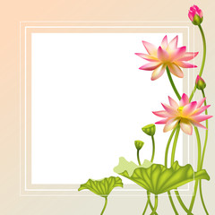 Pink lotus. Beautiful floral background. Buddhism. Symbol. Border. SPA-center. Eastern philosophy. India. Water lily. Health. Cosmetics. Square frame. A bouquet of lotuses.