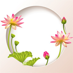 Pink lotus. Beautiful floral background. Buddhism. Round flower frame. Border. SPA-center. Eastern philosophy. India. Water lily. Health. Cosmetics.