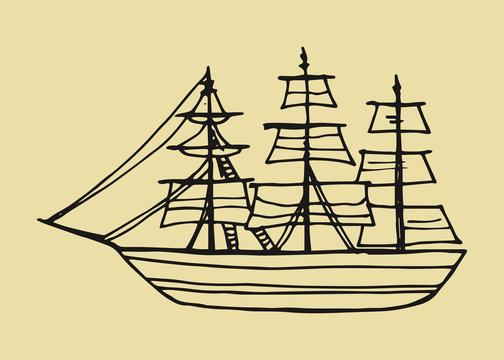 Sailing ship icon. Color vector illustration. Sketch hand drawing