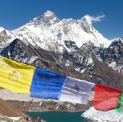 Mount Everest and Lhotse with buddhist prayer flags