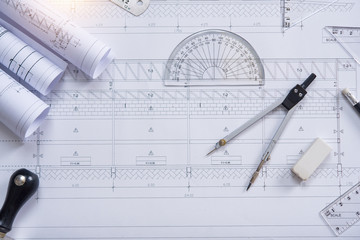 White office desk table with of architect.