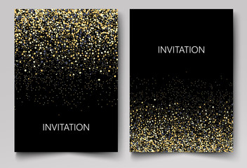 Invitation template with gold glitter confetti background. Festive greeting cards design for event