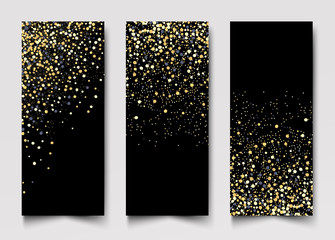 Vertical Black and Gold Banners Set, Greeting Card Design. Golden Dust.