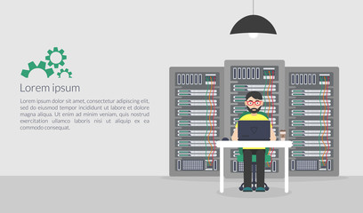 System Administrator. Vector illustration in flat style. Technologies Server Maintenance Support Descriptions.