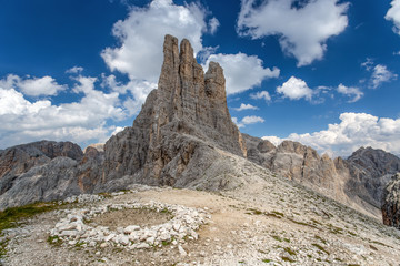 Fototapeta premium View of Vajolet towers (Torri del Vajolet) in Rosengarten group of Dolomites moutains, Catinaccio, Italy.