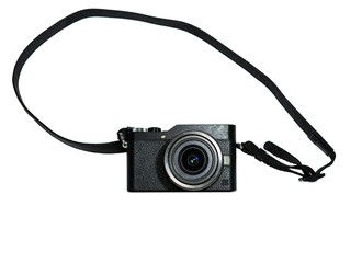 Black mirrorless camera with lens on white isolate
