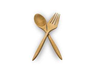 wooden fork and wooden spoon on white isolate.