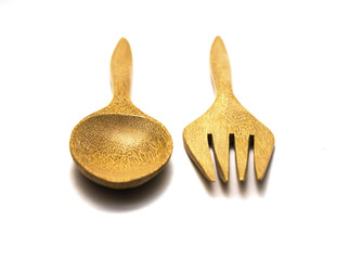 wooden spoon and fork spoon on white isolate.