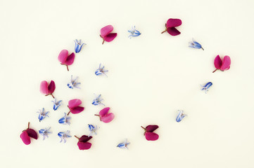Flowers composition. Wreath made of bluebell and lupine flowers on white background. Easter, spring, summer, minimal concept. Flat lay, top view