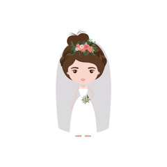 colorful caricature cute woman in wedding dress with collected hair
