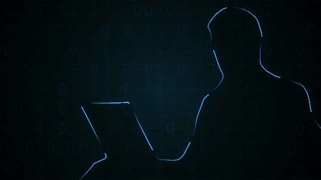 Abstract digital cycles of processing binary data with a human silhouette