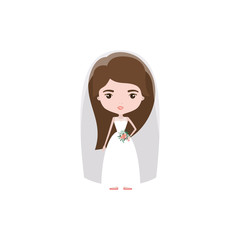 colorful caricature cute woman in wedding dress with straight long hair