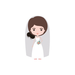 colorful caricature cute woman in wedding dress with bun side hairstyle