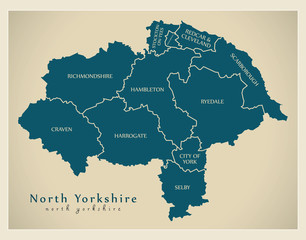 Modern Map - North Yorkshire county with district captions England UK illustration