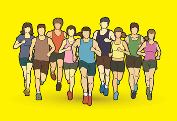 Marathon runners, Group of people running, Men and women running graphic vector.