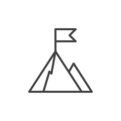 Top of mountain with flag line icon, outline vector sign, linear style pictogram isolated on white. Goal symbol, logo illustration. Editable stroke. Pixel perfect vector graphics