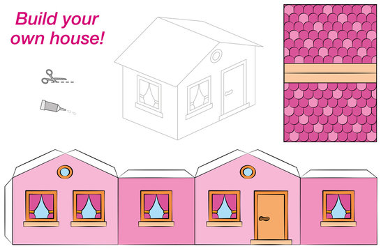 White and pink house illustration, Paper House Drawing, cottage