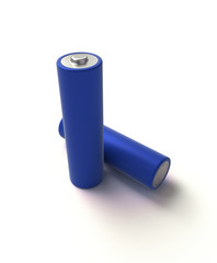 3D realistic render of AA blue alkaline battery on a white background, isolated, with shadow 